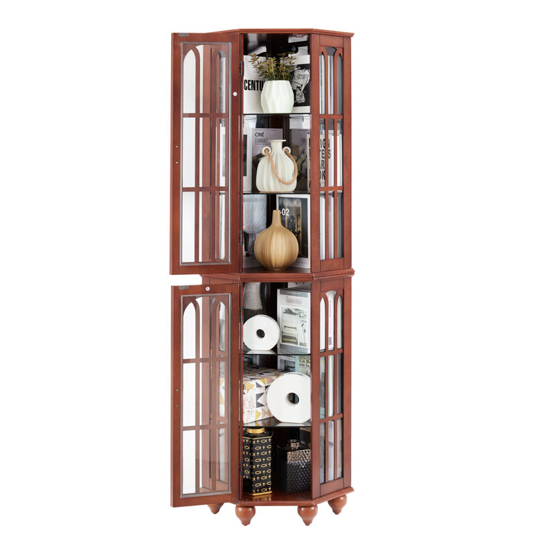 22.24"D Corner Curio Cabinet With 4 Adjustable Tempered Glass Shelves And Solid Wood Legs 16.77"D Lighting,, Walnut