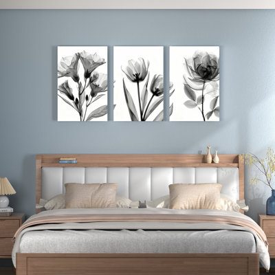 Black and White Floral Watercolor Canvas Wrapped Wall Art, Set of 3, Modern Minimalist Style for Living Room, Bedroom, or Office Decor