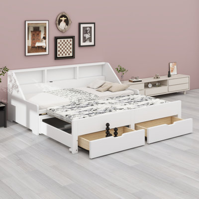 Daybed Frame with Built-in Storage Shelves and Pull-out Drawers