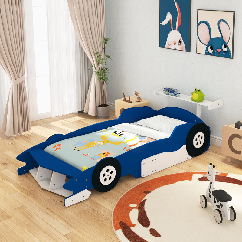 Lit plateforme simple avec roulettes, Bleu, Lit simple