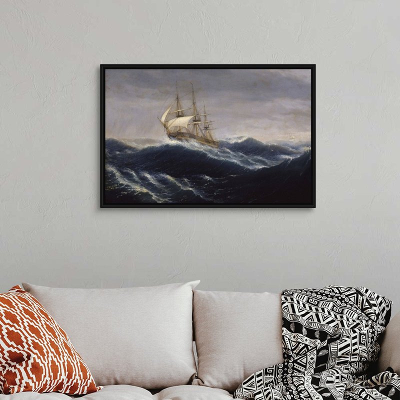 Reproduction d’art sur toile, "The Ship Ohio, 1829" par Thomas Birch, Toile avec cadre noir, H 26 po x l 38 po x P 1,75 po
