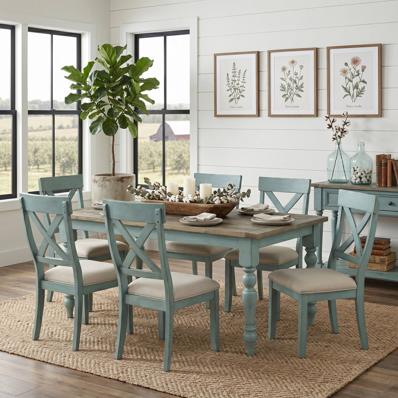 Cierra Four Leg Dining Set, Blue, 7 Pieces: 1 Table, 6 Chairs
