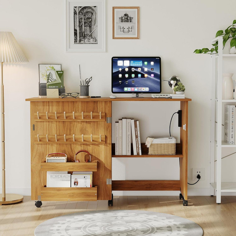 Table pliable de couture et d'artisanat avec station de charge - roues verrouillables, plateaux de rangement, bureau peu encombrant