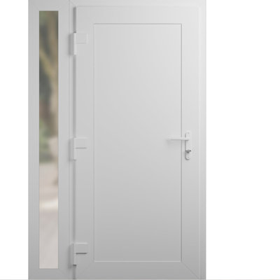 Porte d'entrée extérieure prémontée en PVC-U, verre dépoli, Manux 8111 Blanc Soie, imposte latérale, portes pour bureaux, commerces et habitations, entrée, patio, garage, 122 x 203 cm (L 91 + 30 x H 203 cm), ouverture à droite vers l'intérieur
