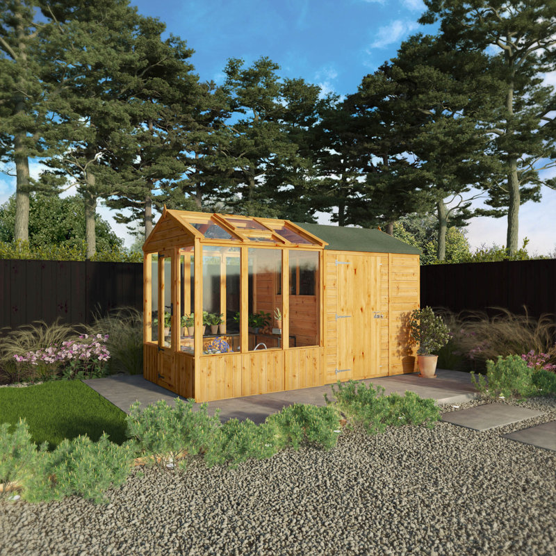 Mercia 10x6 Premium Woodsman Wooden Apex Styrene Greenhouse Combi Shed 10 x 6, 229cm H x 191cm W x 370cm D