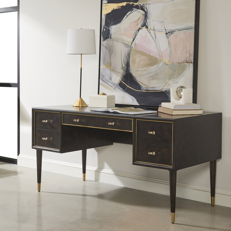 Chocolate Brown Burl Maple Wood 4-Drawer Desk with Charging Port