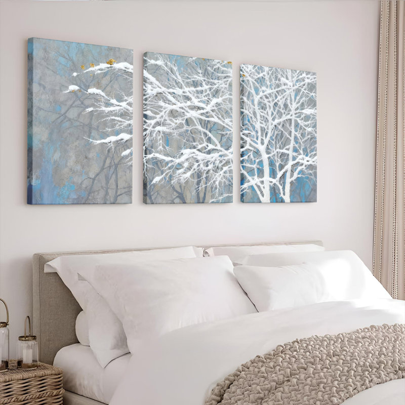 Tableau sur toile tendue représentant des branches d'arbres d'hiver et un paysage enneigé (ensemble de 3), H 36 po x l 72 po