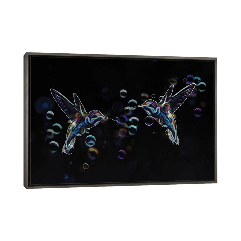 Colibris par Transparent - impression d'art graphique, H 26 po x l 40 po x 1,5 po, Toile avec cadre en bois rustique foncé