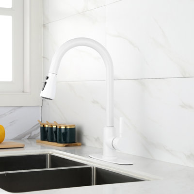 White Stainless Steel Kitchen Faucet, Pull-Out Spray For Practical Purposes, 360 Rotatable Nozzle, Two Water Output Settings, Easy Single Operation Convenience,