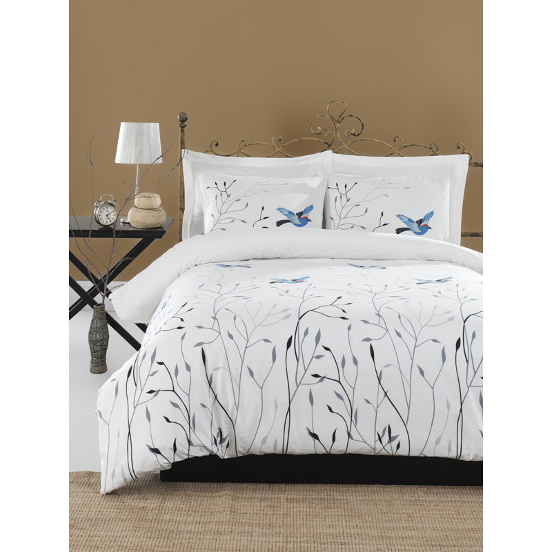 Ensemble de housse de couette en mélange de coton blanc / bleu Prochoros, Housse de couette double + 2 taies d'oreiller stan