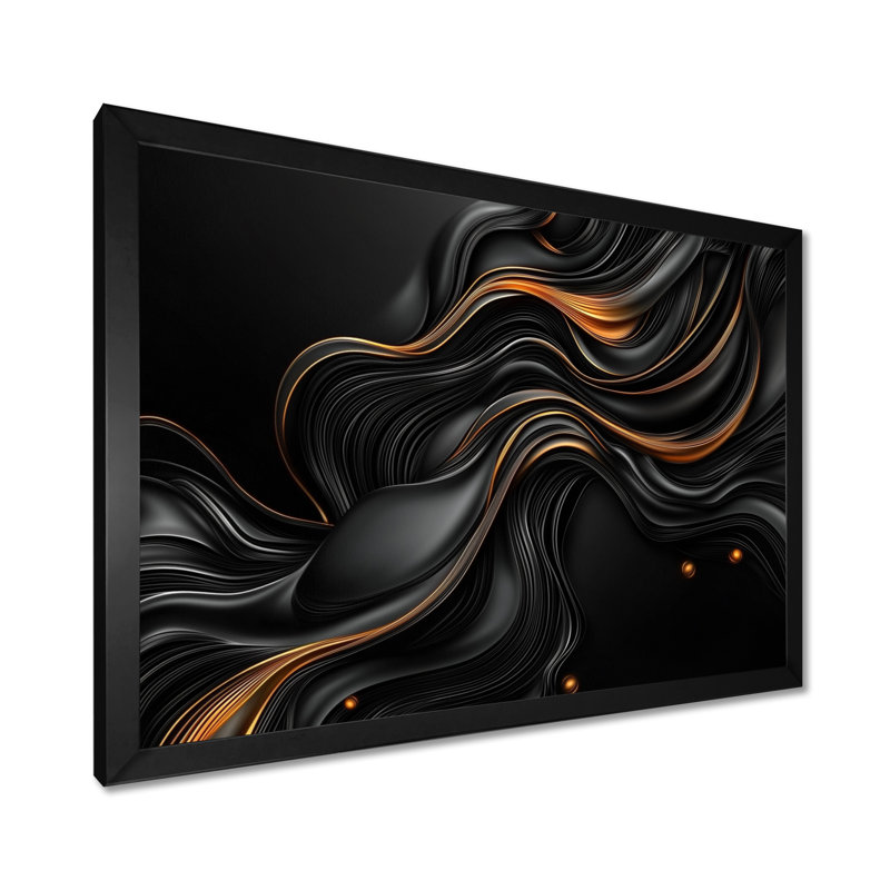 Quantum noir et feuilles dorées II - art abstrait fractal, Reproduction encadrée d'une seule photo sans pass, Noir