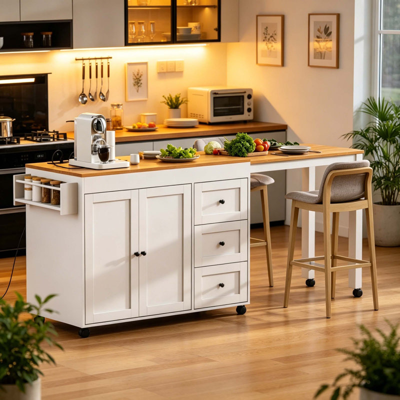 Rolling Kitchen Island with Extendable Drop-Leaf Dining Table, Built-In Power Station, Spice Rack & Adjustable-Shelf Storage Cabinet