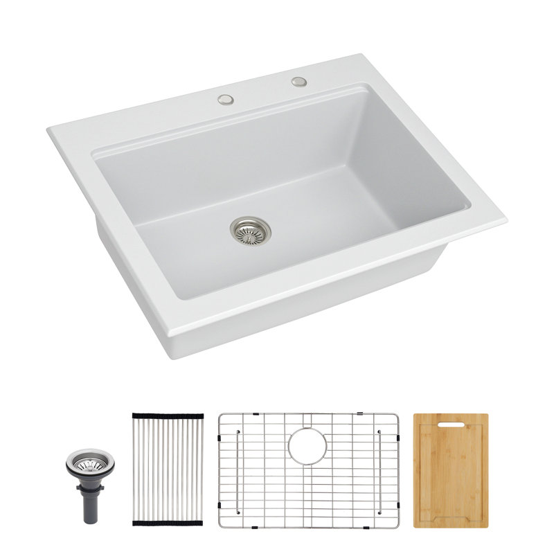 Quartz Kitchen Sink - 30" X 22" X 10" White Granite Composite Workstation Drop-In Kitchen Sink