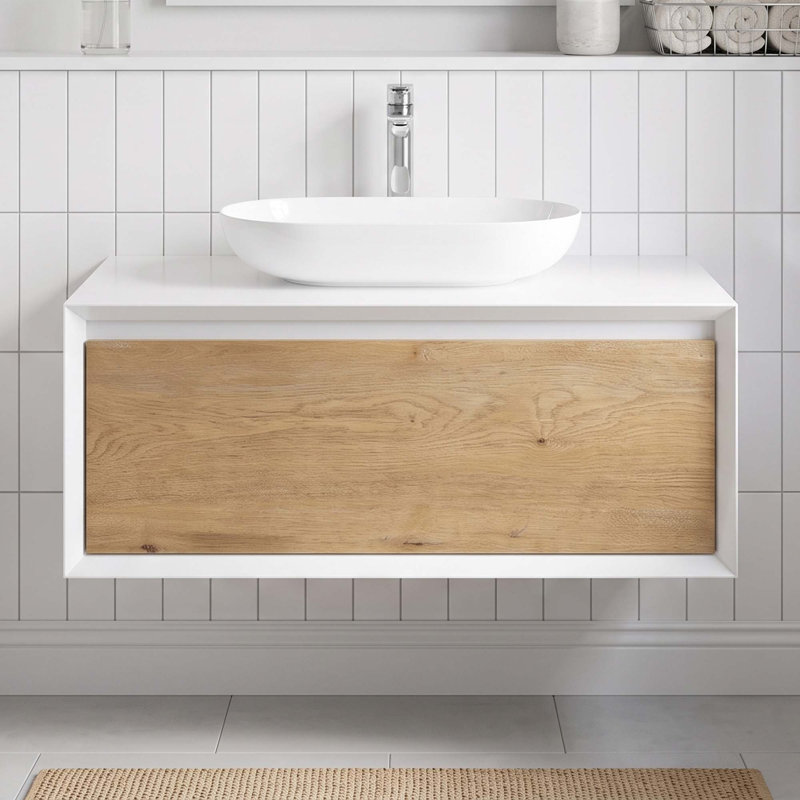 Meuble-lavabo flottant moderne de 36 po à deux tons Surface Lavabo de comptoir ovale à surface solide Draw Tiroir à fermeture en U ｜ Blanc + chêne