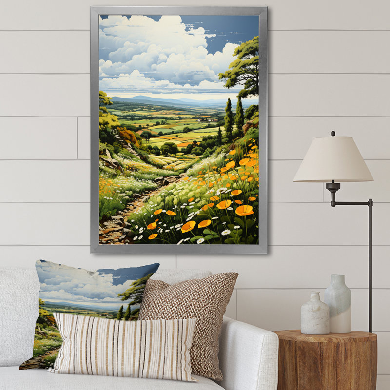 Paysage de campagne rêveur vert et jaune Unionvale III - impression, H 40 po x l 30 po x P 1,5 po, Cadre photo argenté