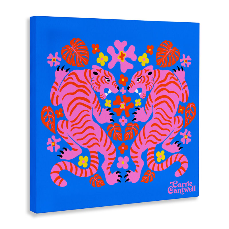 Tigres roses et toile Monstera, design par Carrie Cantwell, H 36 po x l 36 po