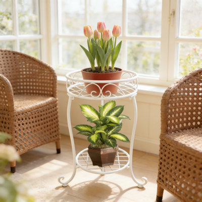 Heavy Duty 2 Tier Plant Stand For Indoor And Outdoor Use, 18.5 Inch Tall Wrought Iron Flower Pot Holder Rack With Powder Coated Finish For Patio, Balcony, And Garden