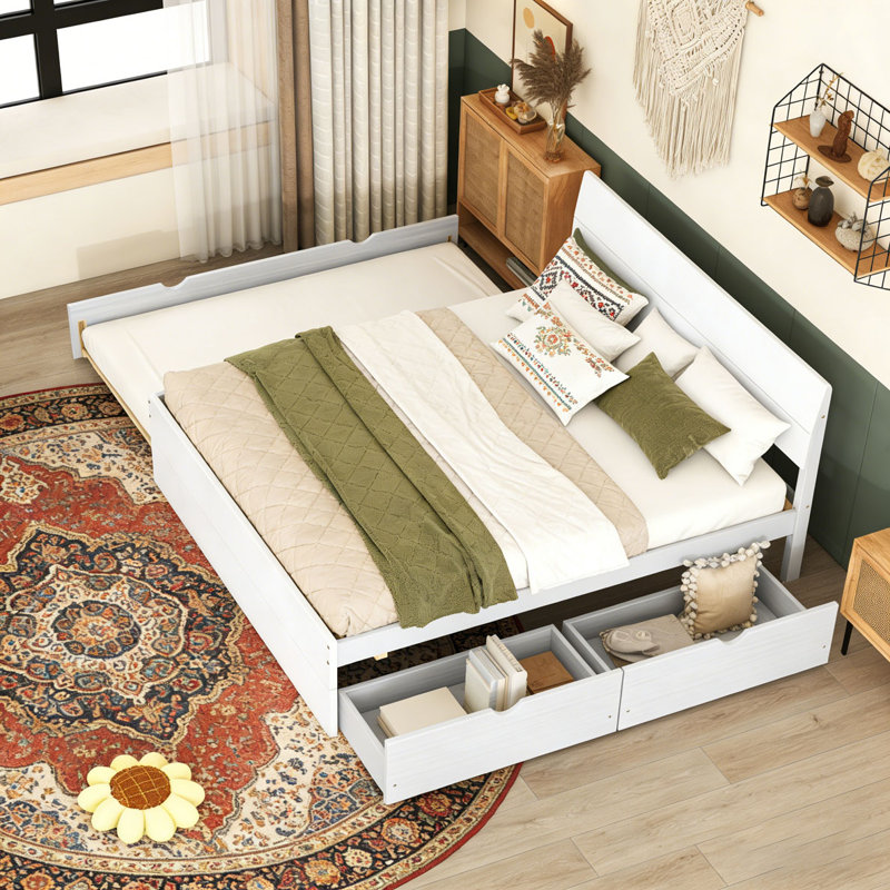 Modern Twin Bed Frame For White High Gloss Headboard and Footboard, White, Trundle+Drawers