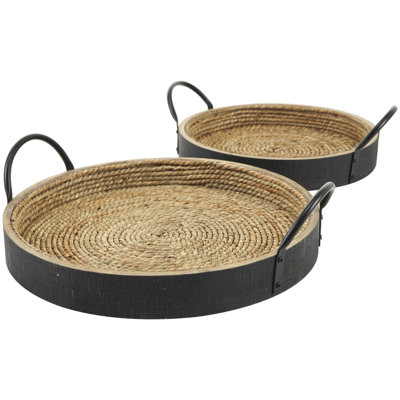Mafalda Wooden Coiled Oval Decor Brown Tray with Black Metal Handles Set