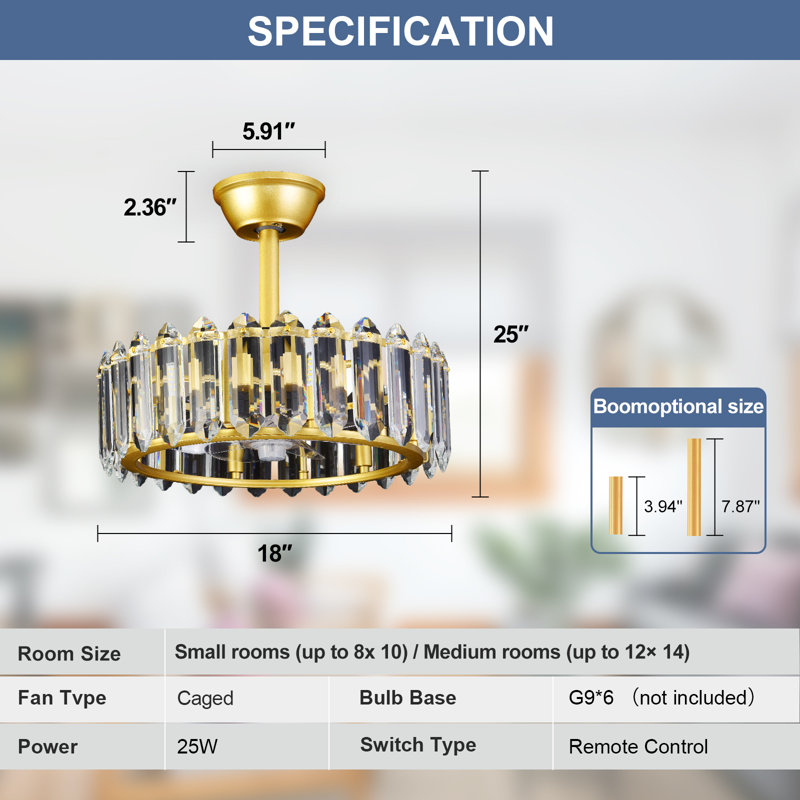 Ventilateur de plafond encastré en cristal de luxe prismatique de luxe 20 "avec lumières, ventilateur de lustre moderne à pales invisibles pour un décor élégant, Aureole Radiance, 6 G9 (sans ampoule)