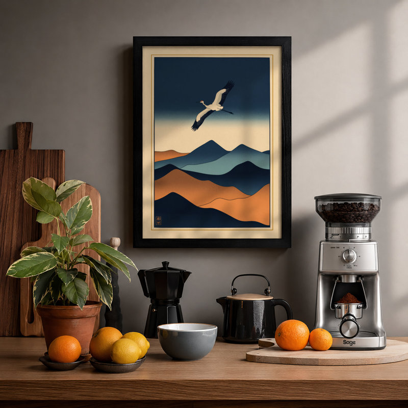 Bird Above Mountains Japandi - Framed Print, Black, A4 - 29.7 x 21.0 cm