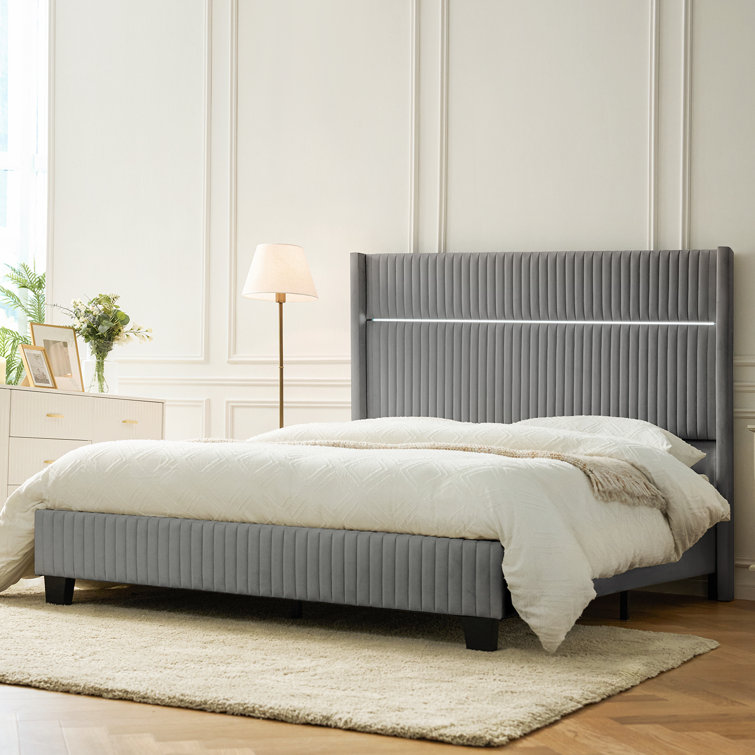 Samien 57'' H  Tall Wingback Velvet Bed with Built-In LED Tube Lighting