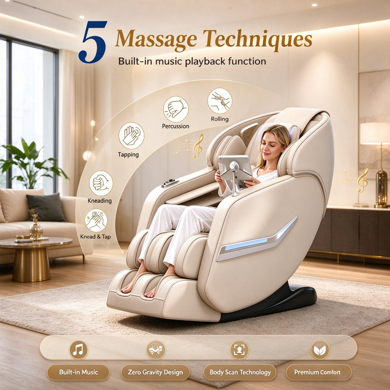 Fauteuil de massage 4D pour tout le corps, inclinable sur rail SL avec massage par percussion et pétrissage, fonction chauffante, 5 techniques de massage à haute vitesse, position zéro gravité à 3 vitesses, repose-pieds extensible, connexion Bluetooth et écran tactile de commande