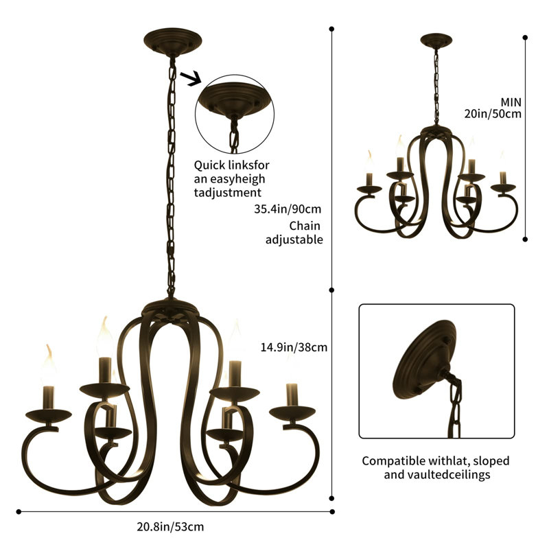 6 - Light Chandelier Pendant, Black