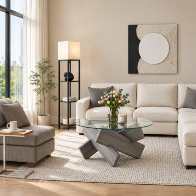 33.4" Modern Round Coffee Table with Tempered Glass Top and Geometric Wood Base