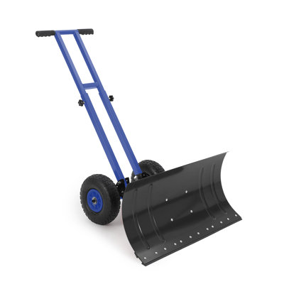 Pelle à neige robuste à roulettes avec lame métallique de 74 x 36 cm, poignée ergonomique réglable à 5 positions – Plaque de pelle noire + manche et moyeu bleus