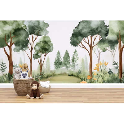 Bright Forest Wallpaper With Trees And Wildflowers – Playful Watercolor Nature Mural For Nursery, Kids Room Or Nature-Themed Living Room
