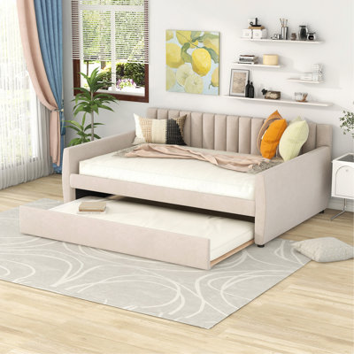 Lit de jour double rembourré avec support pour lit gigogne et lattes de bois, beige