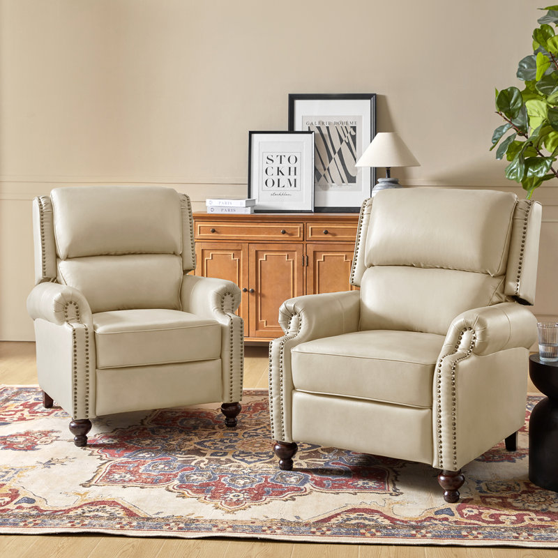 Anre Genuine Leather Recliners with Nailhead Trim, Beige Genuine Leather