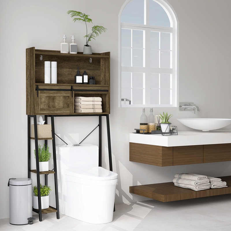 Over The Toilet Storage Cabinet, Over Toilet Bathroom Organizer With 3 Compartments, 4 Open Shelves, Distressed Brown, Brown