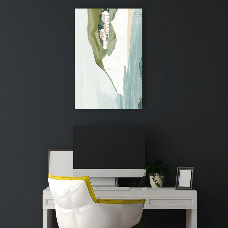 Coastal Homes On Green Hills Serene Tranquil Abstract Coastal Wall Art Print 1 Piece Wrapped Canvas Wall Art