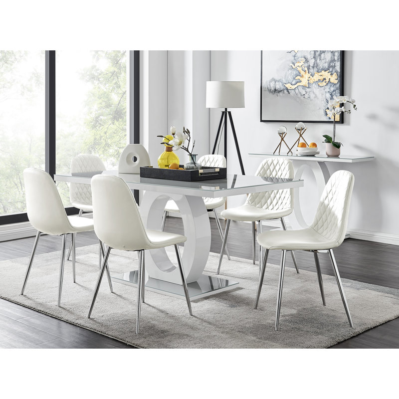 Scottsmoor Modern High Gloss Halo 6 Seater Dining Table Set with Luxury Faux Leather Dining Chairs, White/Silver