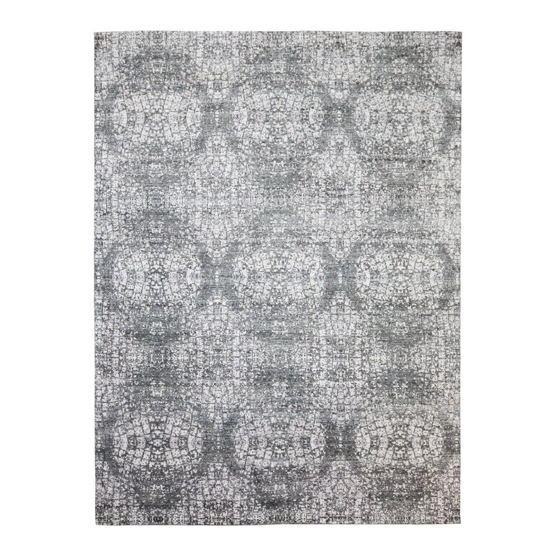 Tapis rectangulaire gris / blanc en laine / viscose noué à la main, Rectangle 9 pi x 12 pi