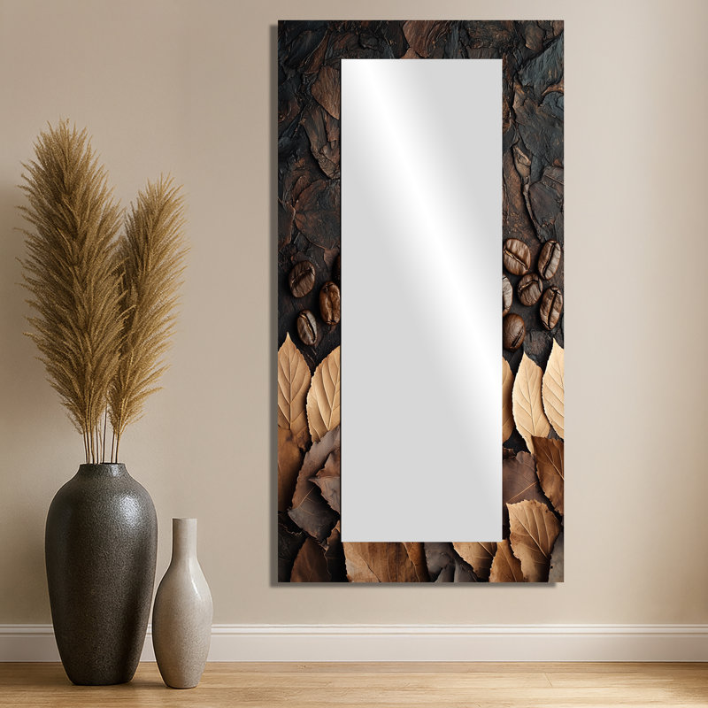 Espresso, feuilles et veines de la nature I - Miroir mural décoratif floral - imprimé sur métal, 28 po x 55 po