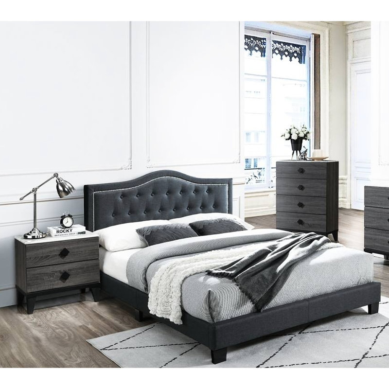 Lit double bouton gris anthracite, design européen, sans sommier, lit Aspiration, Full