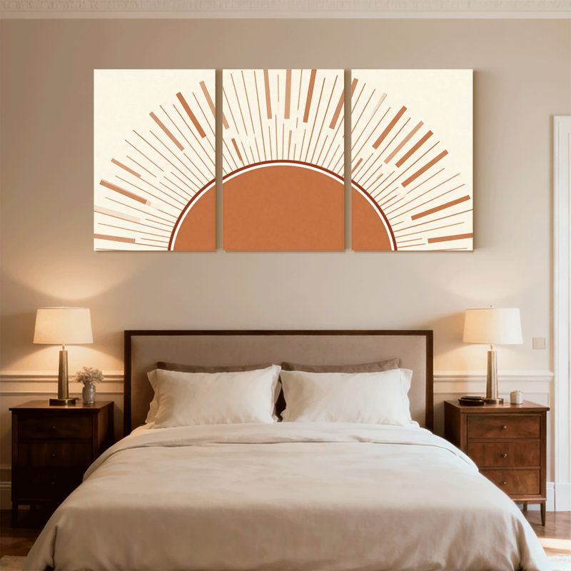 Lumière du soleil avec motif rayonnant et demi-cercle, ensemble de 3 impressions sur toile, H 36 po x l 72 po