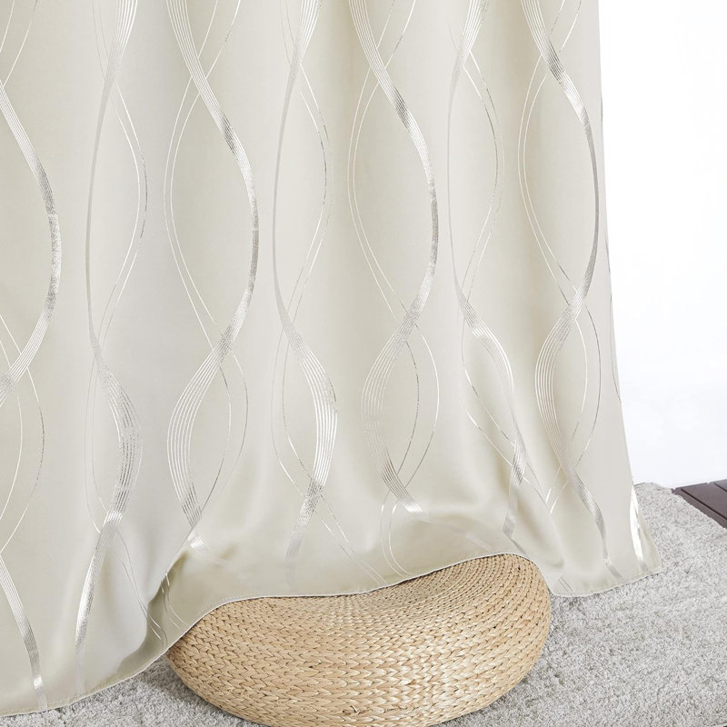 Blackout Striped Pattern Curtains, Window Treatment Thermal Insulated Solid Grommet Blackout Wave Line Foil Print Design Curtains for Living Room (Set of 2, 52 by 95 Inch, Beige)