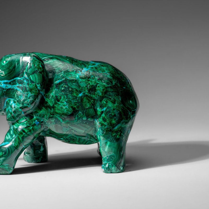Genuine Polished Malachite Elephant Carving (4.3 lbs), 4" H x 3" W x 6.5" D