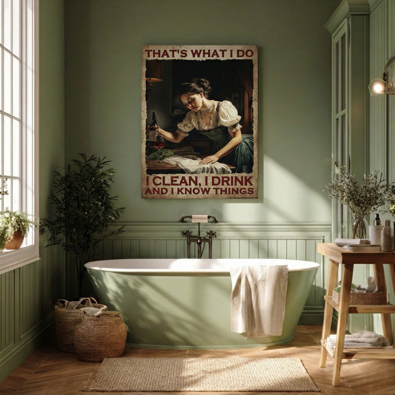 Fille - I Clean, I Drink Gallery - toile tendue - salle de bain et buanderie, décor blanc et bleu, H 14 po x l 11 po x P 2 po