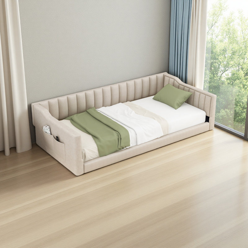 Upholstery Daybed And Side Storage Pocket, Beige, Twin