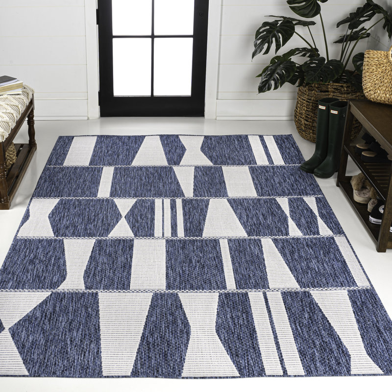Olesia Modern Geometric Abstract Two-Tone Navy/Cream Indoor/Outdoor Rug, Rectangle 5'3" x 7'7"
