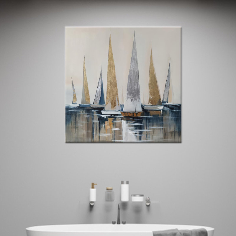 Reproduction d'art sur toile imprimée: voiliers modernes dorés et argentés, toiles à cadre doré 1P, H: 63,1 po x l: 63,1 po