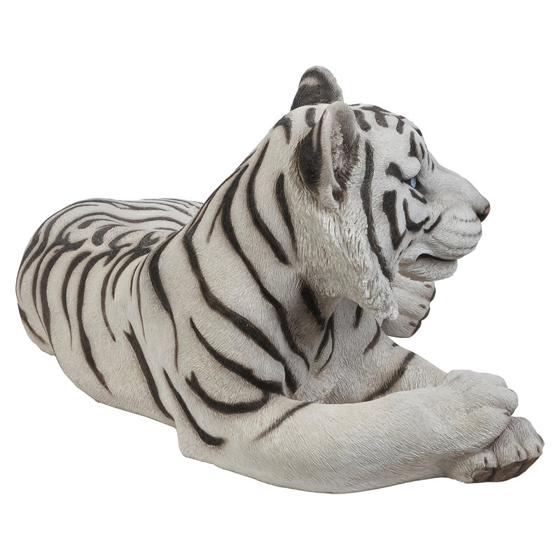White Tiger Laying Down Statue, White/Black