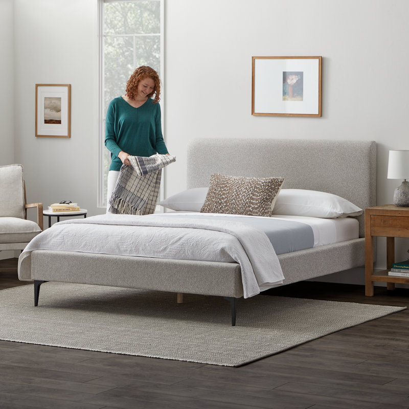 Light Gray King Upholstered Platform Bed with Wood Frame