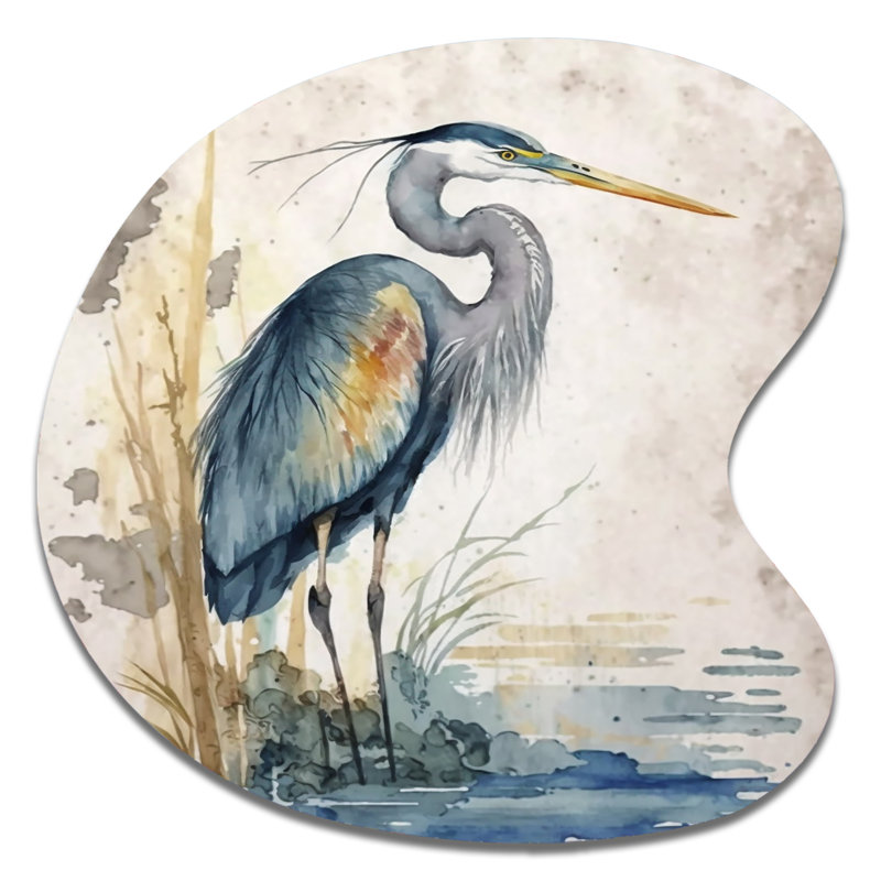 «Heron By The Waterside Watercolor I», reproduction d'art asymétrique en forme de goutte d'animaux Heron, H 27 po x l 27 po