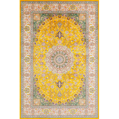 Yellow Beige Oriental Polyester Soft Touch Machine Woven Decorative Area Rug